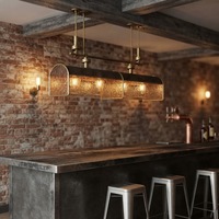 Suspension linéaire vintage industrielle en verre craquelé ambré, avec rivets en laiton et cadre en cuir, 4 lumières, pour îlot de cuisine et salle à manger