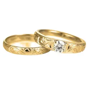 Anello di Fidanzamento e Matrimonio Personalizzato in Argento <span class=keywords><strong>925</strong></span> Placcato Oro Giallo 18K con Plumeria Intagliata a Mano per Donne e Uomini per Feste - Product Image 1