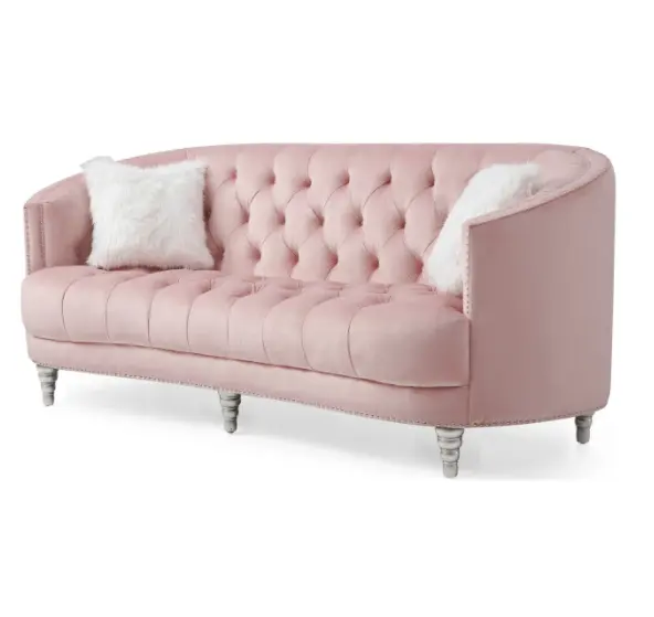 Elegante clássico madeira frame botão tufted veludo estofos rosa sofá para casa mobiliário
