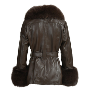 Nouvelle arrivée automne/hiver, veste de moto en cuir d'agneau imperméable avec col en fourrure de renard courte, <span class=keywords><strong>ceinture</strong></span>, poignets en fourrure <span class=keywords><strong>noire</strong></span> pour femmes - Product Image 4
