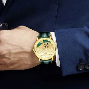 Montre mécanique personnalisée pour homme, mouvement tourbillon, style or gaufré, caractéristiques résistantes à l'eau, affichage du cadran à aiguilles, couronne - Product Image 3