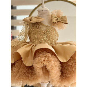 サンセットイエローふわふわオートクチュール子供服ワンショルダーボウデコレーションサテン高品質プリンセスバースデーパーティーガールドレス - Product Image 6