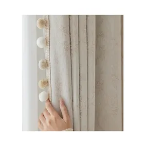 Effen Hoge Arcering Bloemen Gordijnstof Beige Met Pompom Ball Trim Custom Gordijnen Gordijnen Luxe Gordijnen Voor De Woonkamer