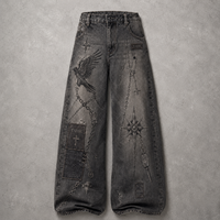 Jeans Baggy Noir Délavé à Jambes Larges TaiDe sur Commande avec Imprimé Graphique Intégral et Patch Jacquard – Usine de Confection OEM ODM Marque Privée