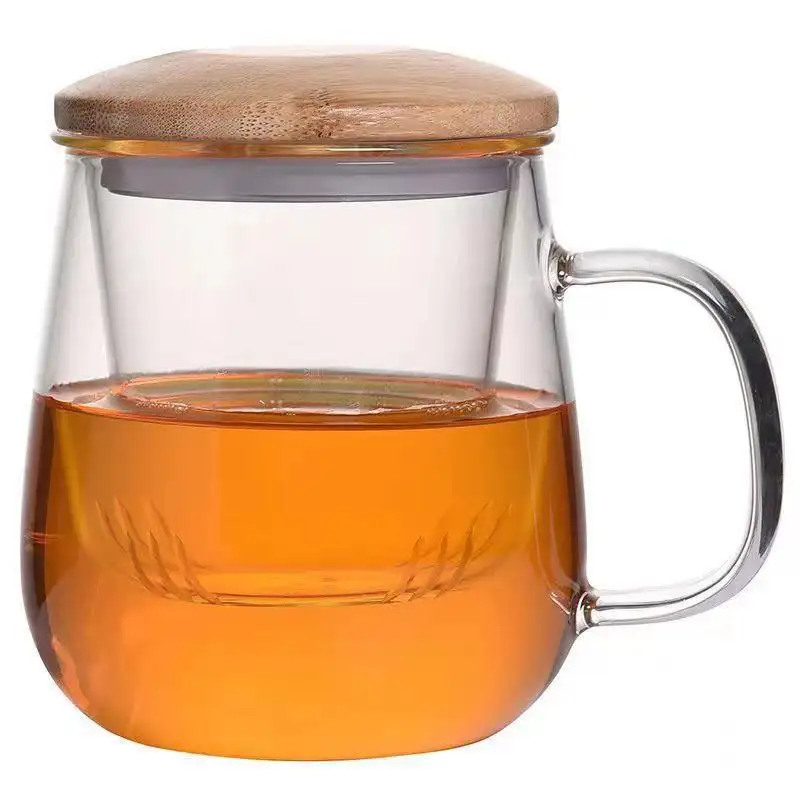 Taza de té de vidrio transparente resistente al calor soplado a mano de 330ml con mango taza de vidrio de borosilicato con infusor y tapa de Bambú
