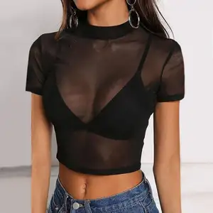 Women's High Stretch Slim T-Shirt See-Through Mesh Tops Women's Blouse