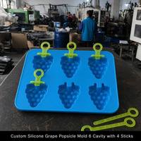 Moule en silicone pour sucettes glacées bleu vif, 6 cavités, avec anse en forme d'anneau vert citron, flexible, pour congélateur, outil de cuisine estival pour desserts
