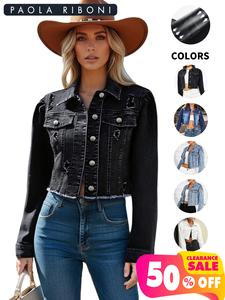 Women's <b>Cropped</b> Distressed <b>Denim</b> <b>Jacket</b> Frayed Raw Hem Button Down Long Sleeve Ripped Vintage Jean Coat Casual Outerwear - Product Image 3