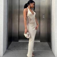 Robe pull décontractée en maille sexy pour femme, longue, ajourée, dos nu, mode estivale, maxi, épaules dénudées