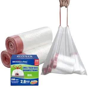 Hdpe ldpe plastic drawstring dustbin trash sack bag draw tape tie string garbage bag on roll with drawstring rope for trash