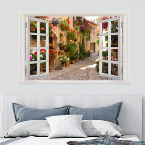 Autocollant mural 3D effet fenêtre - Décoration murale paysage de rue européenne avec pavés et fleurs pour salon, chambre et décoration intérieure - Product Image 2