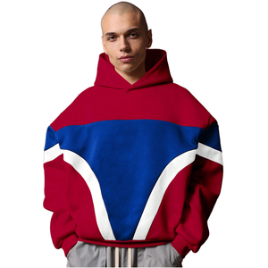Sweat-shirt à capuche oversize pour homme, en polaire, avec blocs de couleurs rouge, bleu et blanc, style streetwear, vêtements décontractés d'automne - Product Image 1