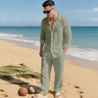 Ensemble décontracté de plage en lin pour homme : chemise ample à revers et pantalon long – Respirant, doux, confortable, tenue de loisirs polyvalente