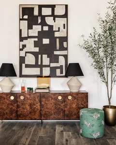 خزانة جانبية فريدة من نوعها بتصميم عصري مع أرفف، مصنوعة من خشب البرل الغني بالتجزيعات، بلون بني لغرفة المعيشة - Product Image 6