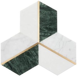 Polished White Carrara and Verde Affai Marble and Brass <strong>Mosaic</strong> Kitchen Backsplash Thassos White with Mother of Pearl <strong>Mosaic</strong> - Product Image 5