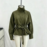 Jas Trench Pendek Wanita Gaya Eropa Amerika, Bahan Suede Imitasi, Lengan Kelelawar, Kerah Berkancing, Warna Solid untuk Musim Panas