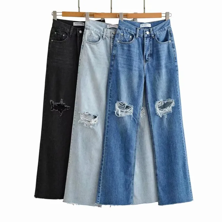 New Arrivals Fashion Loose Light Blue Denim Pants Wide Leg Ripped Jeans For Women