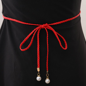 Women's fashionable woven waist <b>rope</b> knotted waist <b>chain</b> dress with simple decorative pearl thin waist <b>chain</b> leather belt waist - Product Image 3