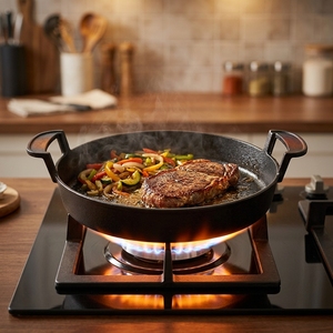 Poêle à frire ronde en fonte noire de 30 cm (12 pouces) avec double poignée, antiadhésive, pour extérieur, compatible four et cuisinière à gaz/induction - Product Image 1