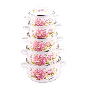 Lot De 5 Casseroles émaillées Vintage - Décor Floral Jaune - État D'usage