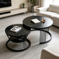 Ensemble de tables basses modernes à effet marbre noir, plateau en métal, table ronde pour le salon