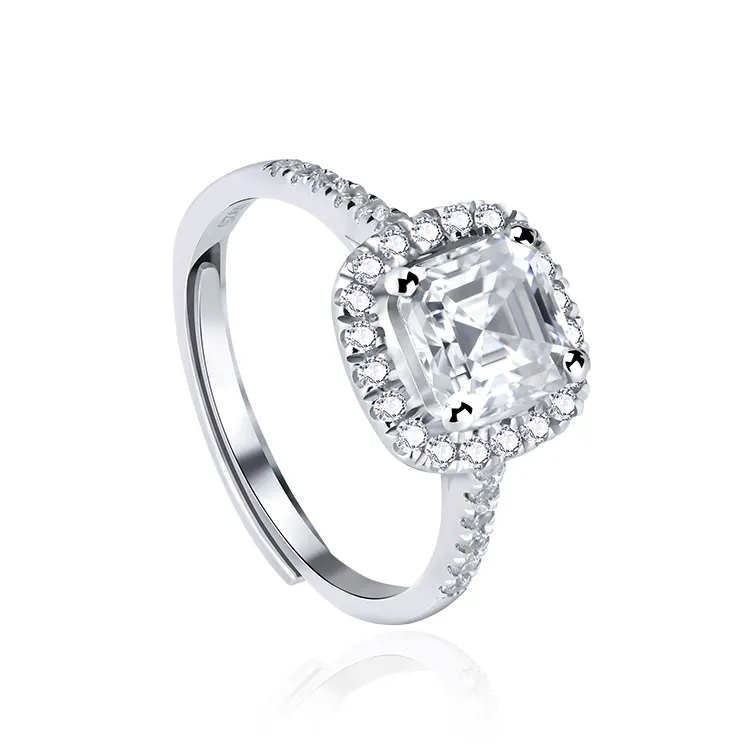 XINGYUE Gem 925 Sterling Silver Round Shape 4 Prongs Asscher Cut Main Stone Moissanite Diamond Proposal Wedding Ring Band