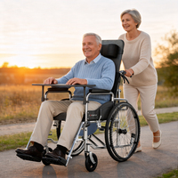 Silla de Ruedas Hidráulica Completamente Reclinable de Acero al Carbono con Ruedas Sólidas de 24 Pulgadas, Cojín de Asiento Lavable, Reposabrazos Extraíbles, Reposapiés Ajustable y Mesa