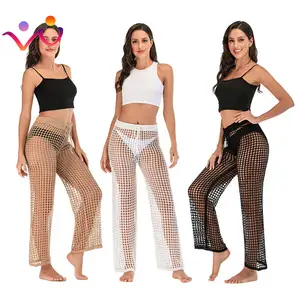 Summer Women See Through Boho Wide Leg High Waist Trousers Beach Long Loose Mesh Sheer Pants Crochet Hollow Out Women Pants