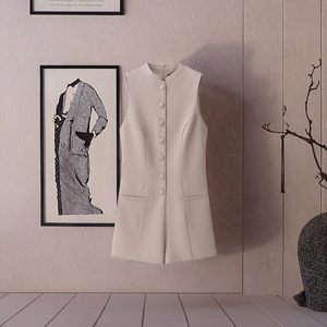 Mono Elegante de una Pieza para Mujer, Cuello Redondo, Botones, Sin Mangas, Color Caqui, Casual, Veraniego, Transpirable, Sólido, hasta la Rodilla, 100% Poliéster - Product Image 3