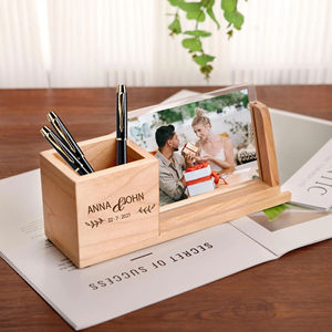 देखने वाले कार्ड धारक पेंसिल आयोजक और फोटो फ्रेम के साथ डेस्कटॉप लकड़ी का पेन स्टैंड - Product Image 3