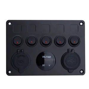 12V Socket With Voltmeter Universal 5 Gang Marine Button Switch Panel Boat USB Micro Waterproof Rv Rocker Switch Panel