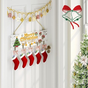 Vintage Christmas Wooden <b>Hanging</b> Sign <b>White</b> Rectangle Door Decor With Stocking Hooks Home Decoration - Product Image 1