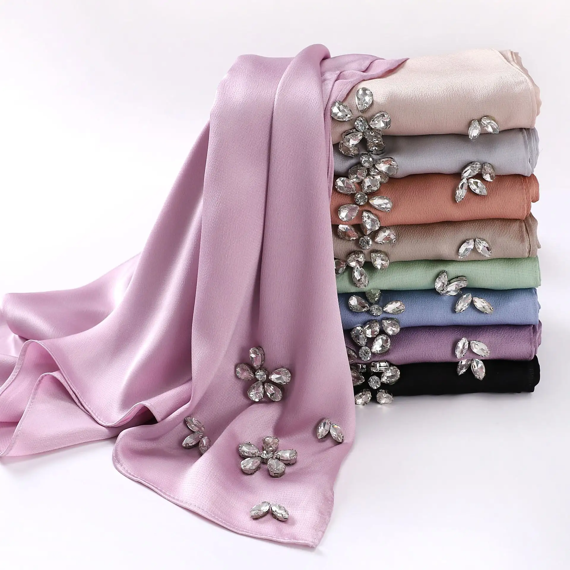 Premium Silk Chiffon Hijab Handwork Diamond Scarf For Women Shiny With Rhinestone Plain Color Malaysia Turban Hijab