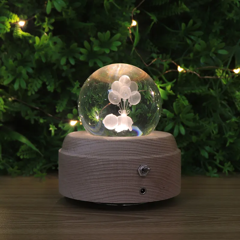 Lámpara Led de mesa para regalo de Navidad, Base de madera, 3D bola de cristal, luz nocturna con caja de música