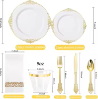 Ensemble de vaisselle jetable en plastique sans BPA, 175 pièces, élégant, blanc, avec bordure dorée en relief, assiette de présentation, assiette à salade, pour mariage et fête