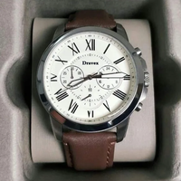 Montre chronographe classique rétro pour homme, bracelet en cuir marron, chiffres romains, cadran blanc, étanche, mouvement à quartz FS.