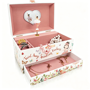 Cute Ballerina Wooden Rectangle Musical Jewelry <b>Box</b> with <b>Plain</b> Pattern and Drawer for Girls Storage - Product Image 1