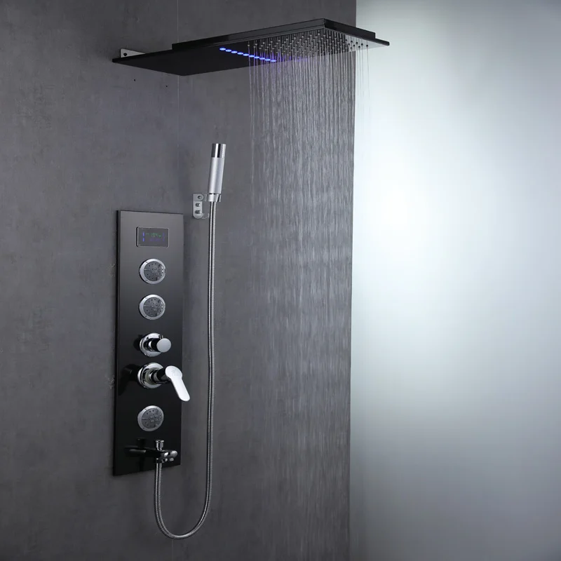 Custom factory price brass modern bathroom wall black digital rainfall shower panel mixer faucet set