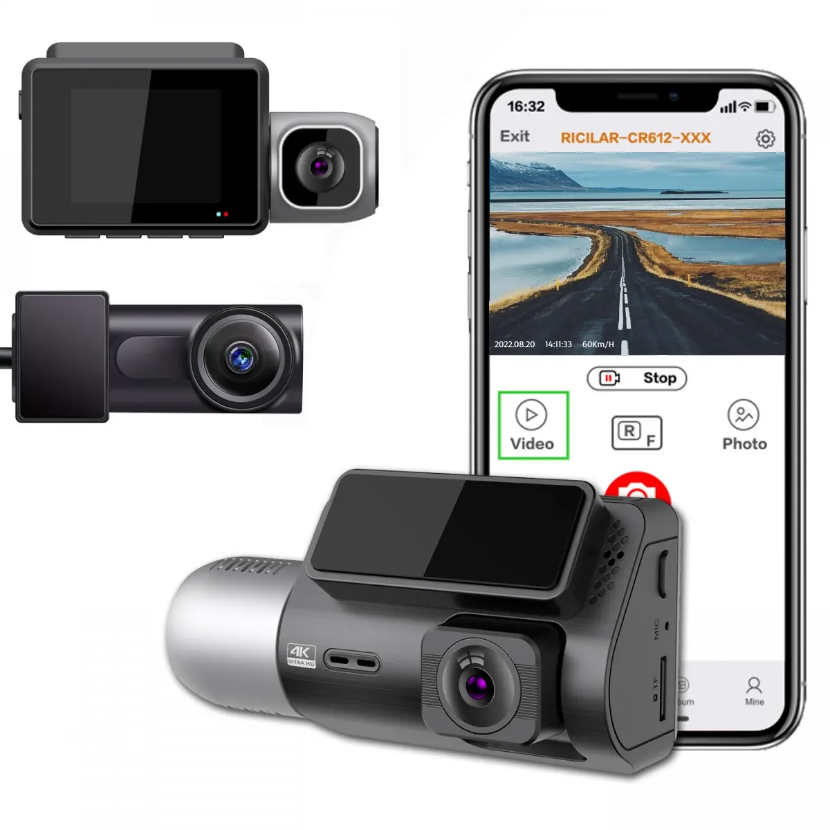 Câmera de ré automotiva, 2023 lentes duplas, tela de 2 ''ips, 3 canais, 4k frontal + 1080p, interior + 2k, wi-fi, dvr, caixa preta