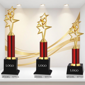 Trofeo Estrella Modelo 577 de Metal Grabado, Bañado en Oro Rojo, Duradero, para Premios Deportivos, con Base de Madera - Product Image 1