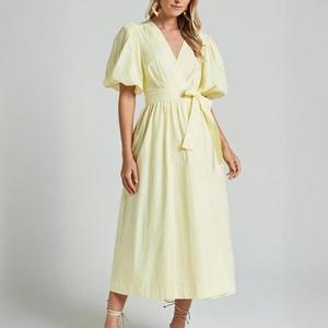Robes décontractées mi-longues en <span class=keywords><strong>lin</strong></span> pur à 100 % pour femmes, couleur prune foncé, col en V, manches bouffantes courtes, style ample et bon marché, avec ceinture et poches - Product Image 3