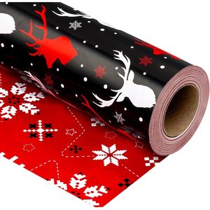 Red And Black Christmas <b>Wrapping</b> <b>Paper</b> 17 Inch X 33 Feet Double Side Reindeer Snowflake Pattern Holiday Gift Wrap - Product Image 1