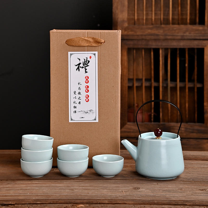 Ru ware teapot with handle and six cups
