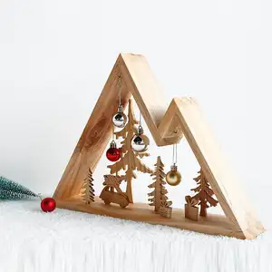 Prateleira de madeira para decoração de paredes de Natal, prateleira de madeira para decoração de montanha e enfeite decorativo brilhante com tema de Natal