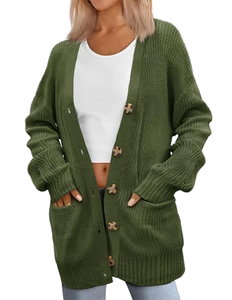 <b>Women's</b> <b>Oversize</b> Cotton/Acrylic Custom Knitted V-neck Solid Casual Breathable Quick-Dry Appliques Front - Product Image 1