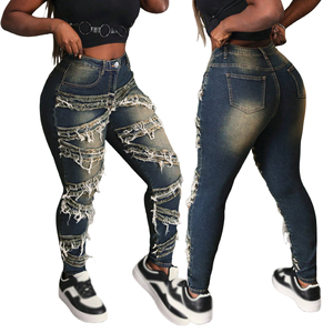 Jeans Ajustados de Mezclilla con Parches y Estilo Desgastado para Mujer, Moda Urbana - Product Image 1