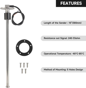 Sensor de Nivel de Combustible de Acero Inoxidable de 15 Pulgadas (380 mm) y 240-33 Ohmios para Tanques de Combustible de Barcos, Autos, Autocaravanas, Camiones y Vehículos - Product Image 3