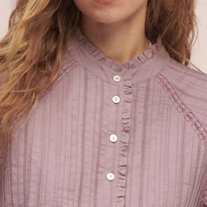 เสื้อลูกไม้ติดกระดุมแบบใหม่สำหรับผู้หญิง แขนยาว คอระบาย ผ้าลินิน - Product Image 3