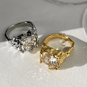 Trendy Chunky Rings Fine Jewelry Women Clear CZ Diamond Crystal Ring PVD Gold Plated Hammered Gemstone Ring