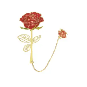 Marcapáginas de metal de Latón chapado en oro hecho a mano, flor Rosa hueca, regalo exquisito
